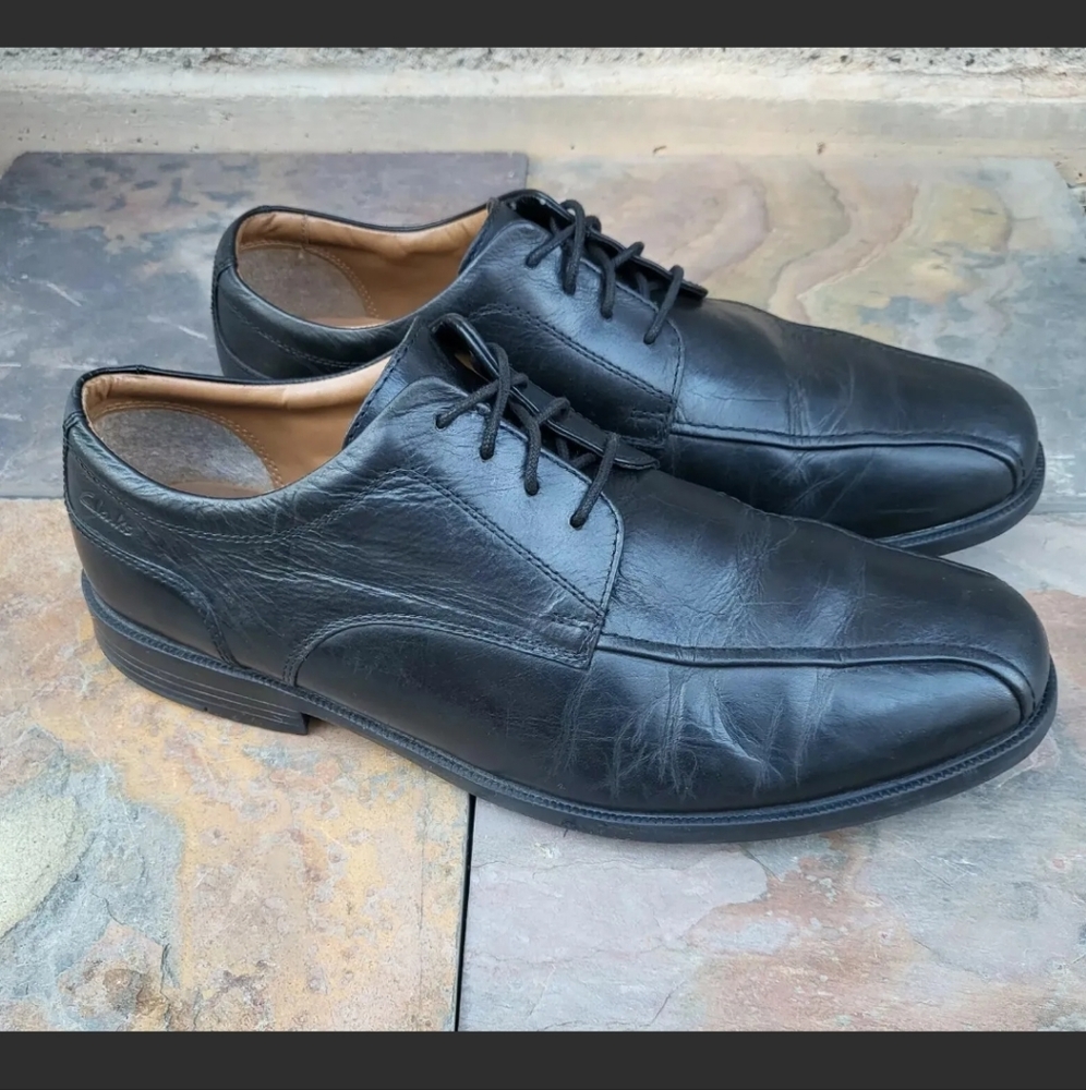 Clarks Men's size 12 Black Leather 14885 Bicycle Toe Comfort Oxfords Dress Shoes